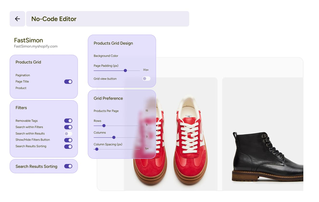 garment ecommerce website, dresses category, showing features on top of the products in the grid
