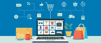 A Laptop showing ecommerce website with ecommerce icons around it