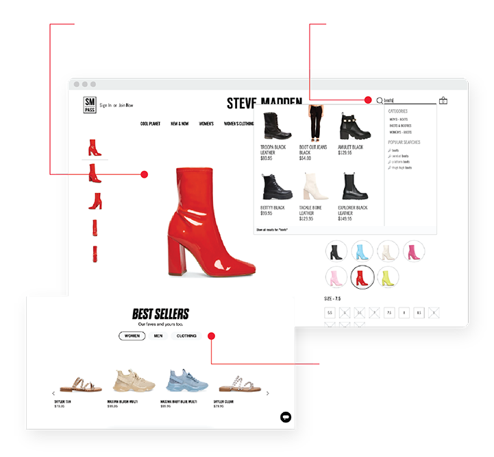 Steve Madden's website on Desktop and Mobile devices, and information on top of it (please read live text)