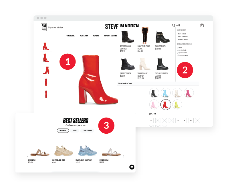 Steve Madden's website on Desktop and Mobile devices, and information on top of it (please read live text)