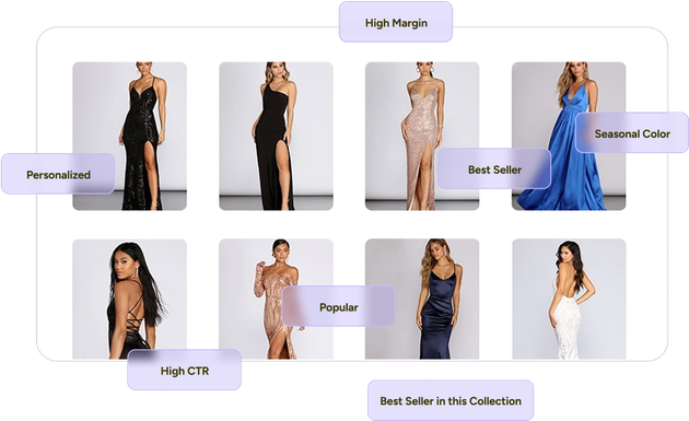 garment ecommerce website, dresses category, showing features on top of the products in the grid