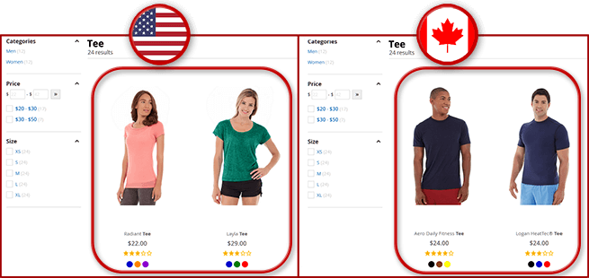2 different product display on ecommerce website - one for Canada and one for US