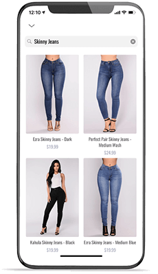 Mobile device showing e-commerce website with Fast Simon's search results