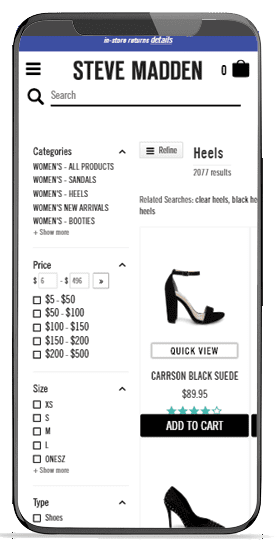  Steve Madden's search results page on Mobile built by Fast Simon