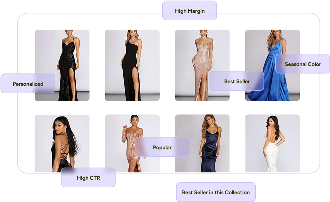 garment ecommerce website, dresses category, showing features on top of the products in the grid